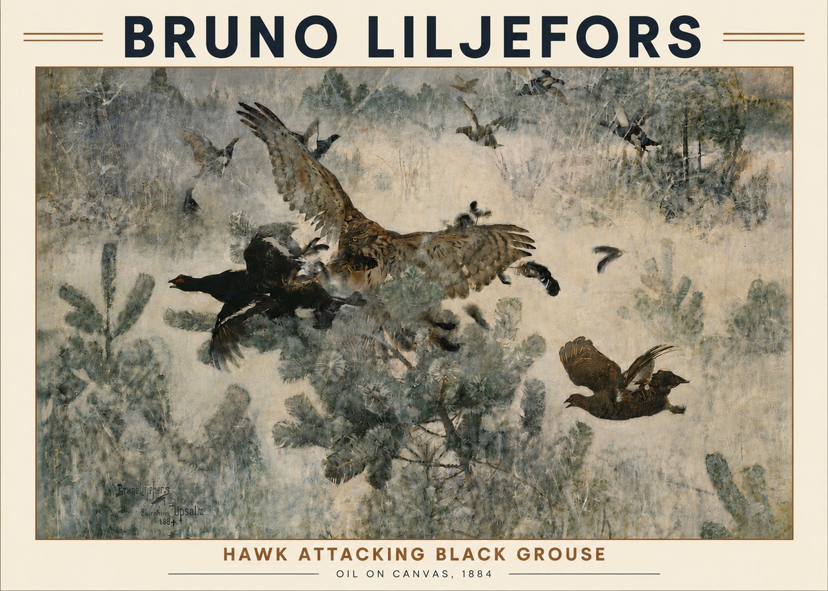 Bruno Liljefors Hawk Attacking Black Grouse No5 - Juliste