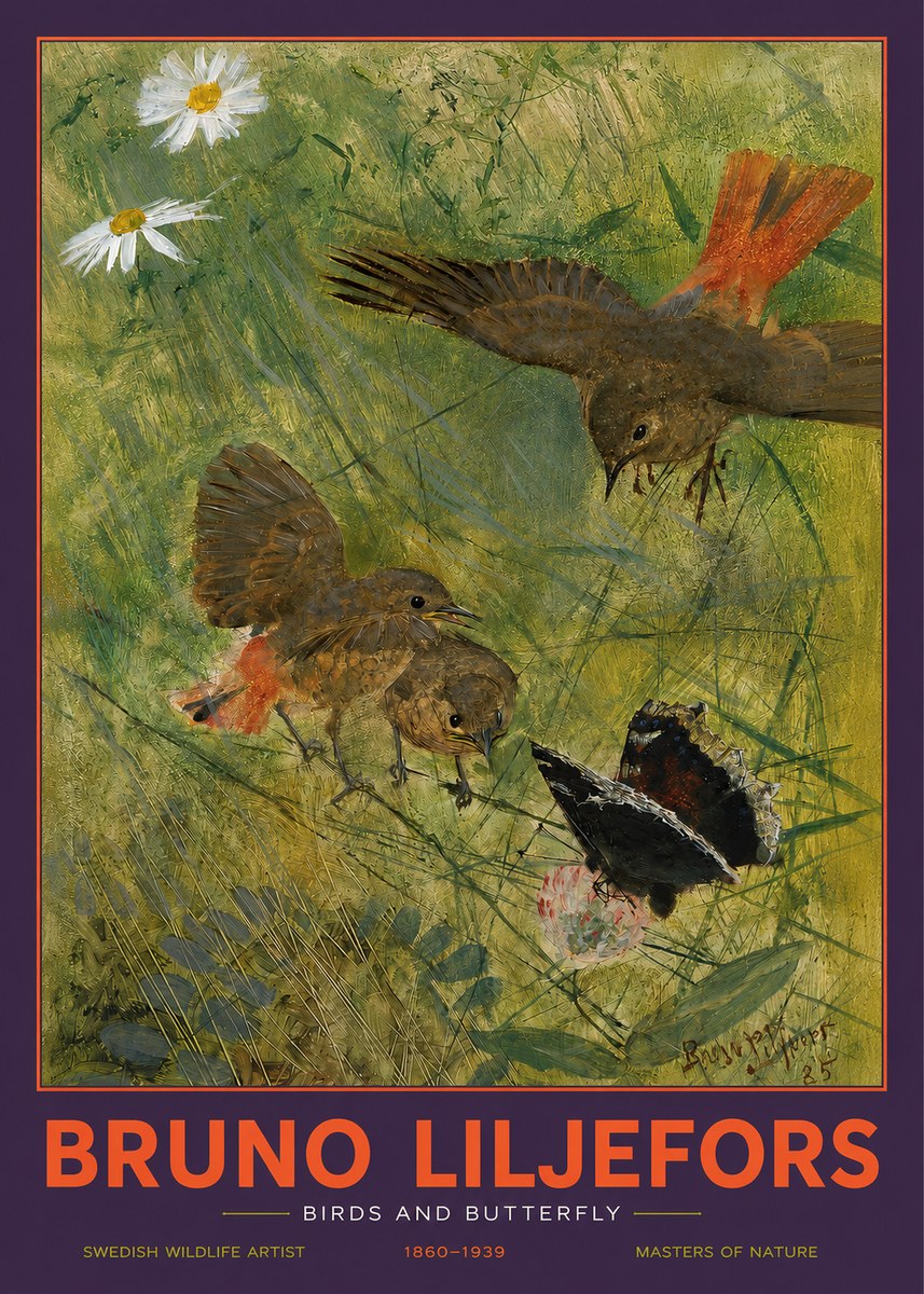 Bruno Liljefors Birds and Butterfly No2 - Juliste