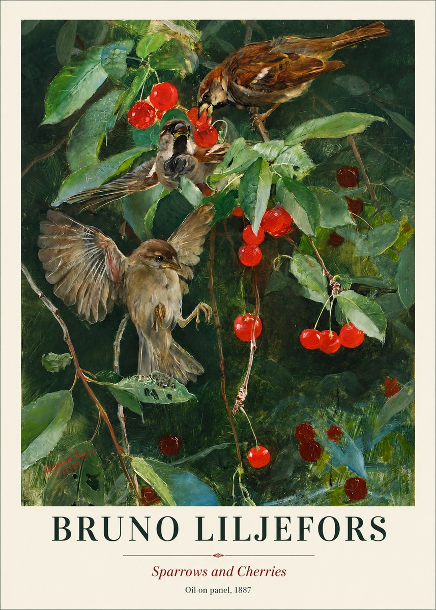 Bruno Liljefors Sparrows and Cherries No1 - Juliste
