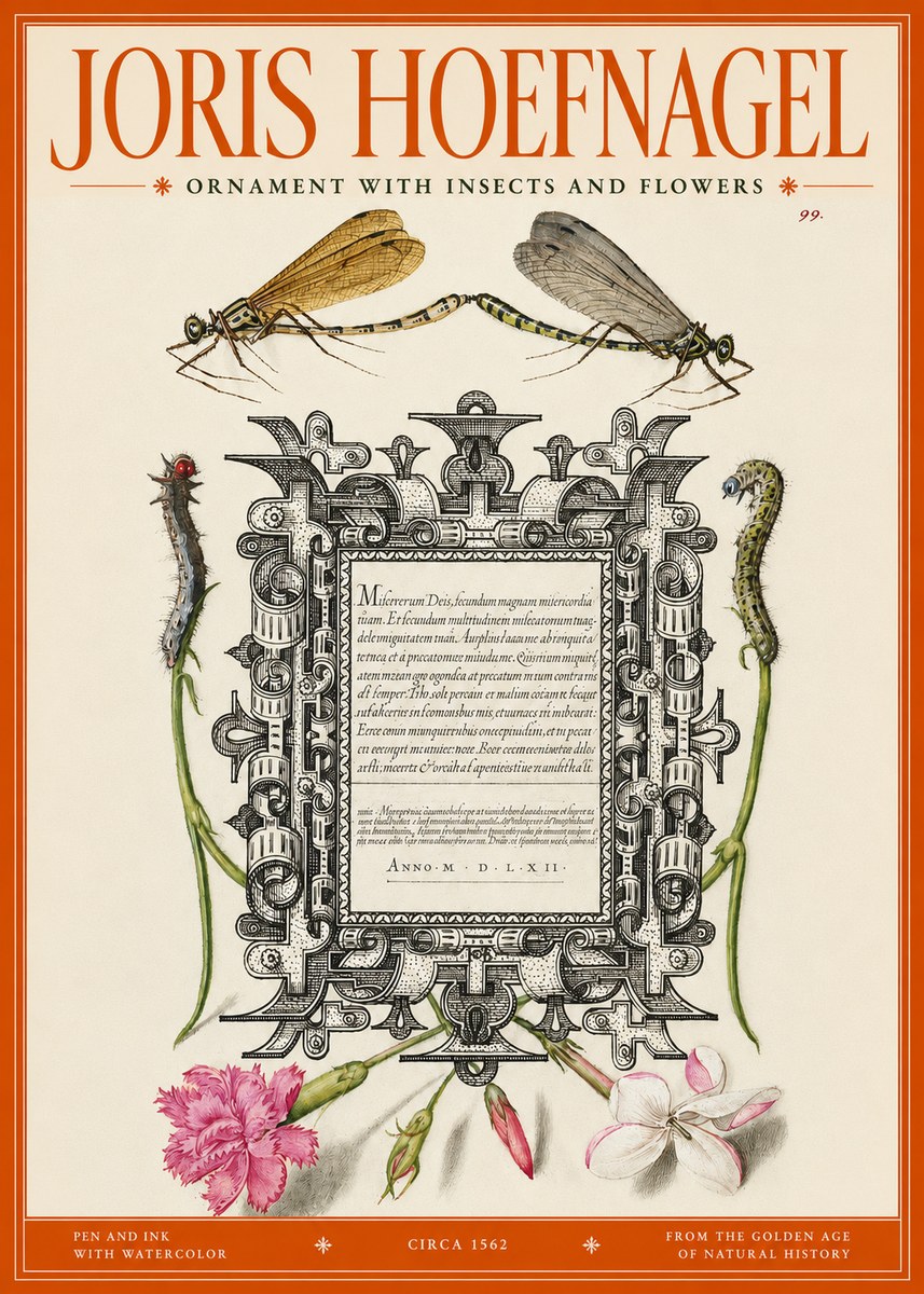 Joris Hoefnagel Ornamental Frame with Damselflies, Caterpillars and Flowers No3 - Juliste