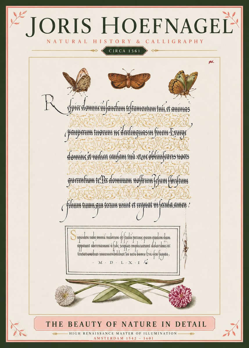 Joris Hoefnagel Butterflies, Flowers and Calligraphy Page No4 - Juliste