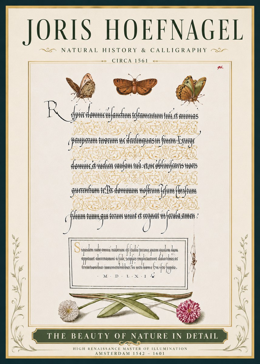 Joris Hoefnagel Butterflies, Flowers and Calligraphy Page No5 - Juliste