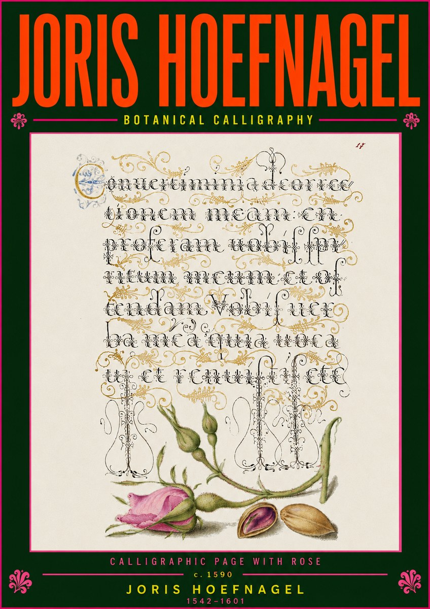 Joris Hoefnagel Calligraphic Page with Rose No5 - Juliste