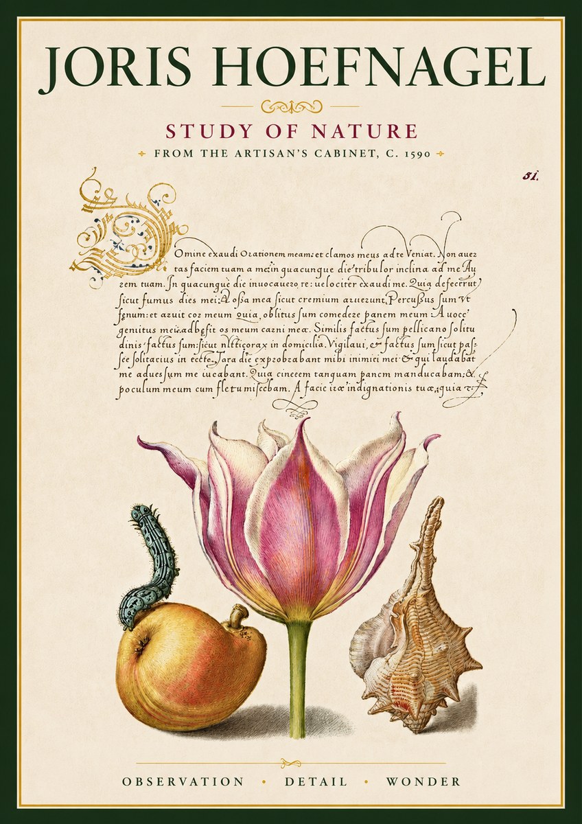 Joris Hoefnagel Tulip, Peach, Caterpillar & Seashell No6 - Juliste