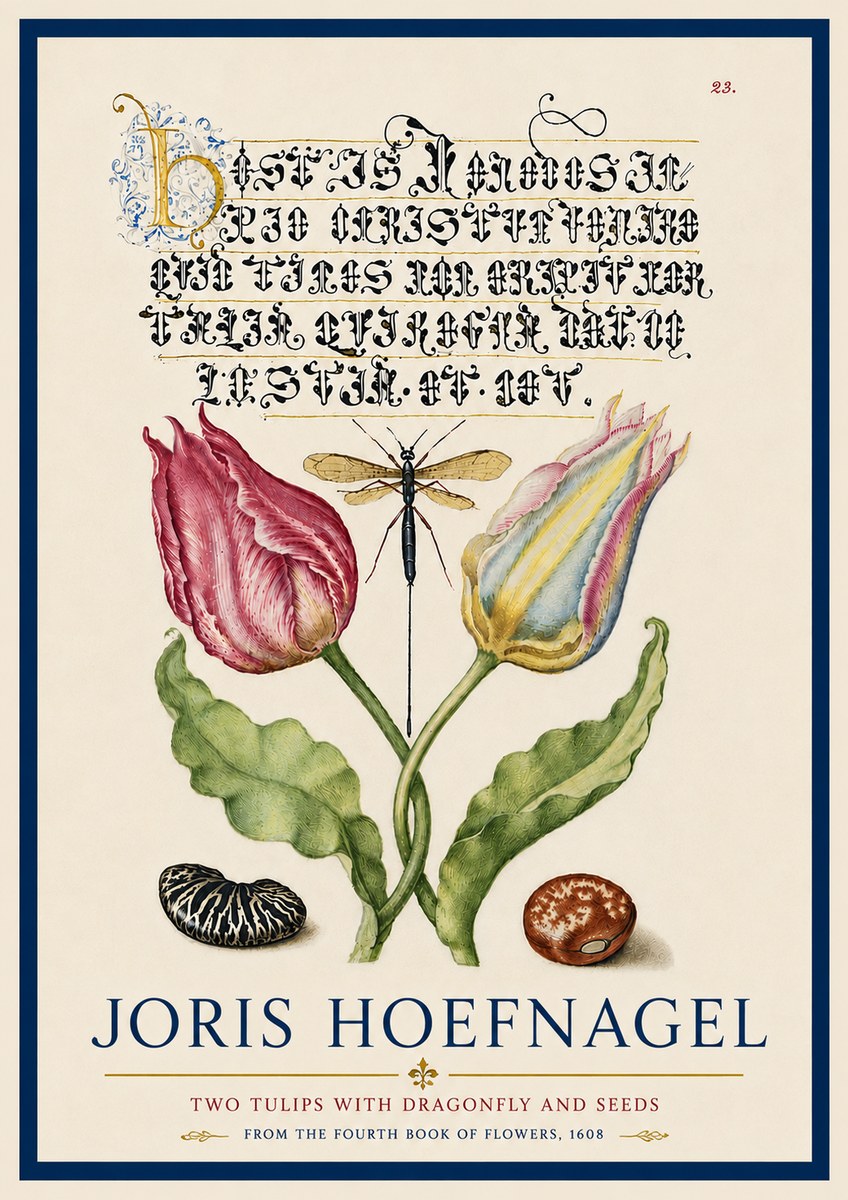 Joris Hoefnagel Two Tulips with Dragonfly and Seeds No6 - Juliste