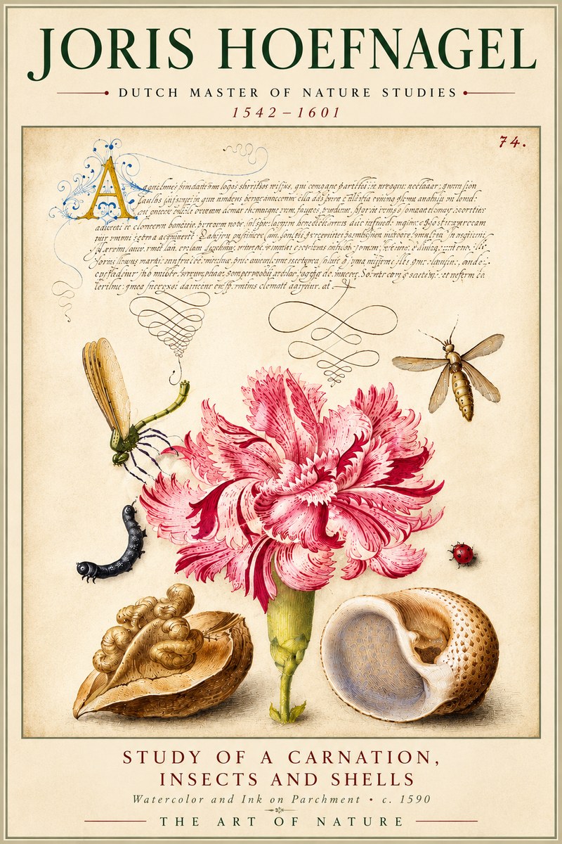 Joris Hoefnagel Study of a Carnation, Insects and Shells No6 - Juliste