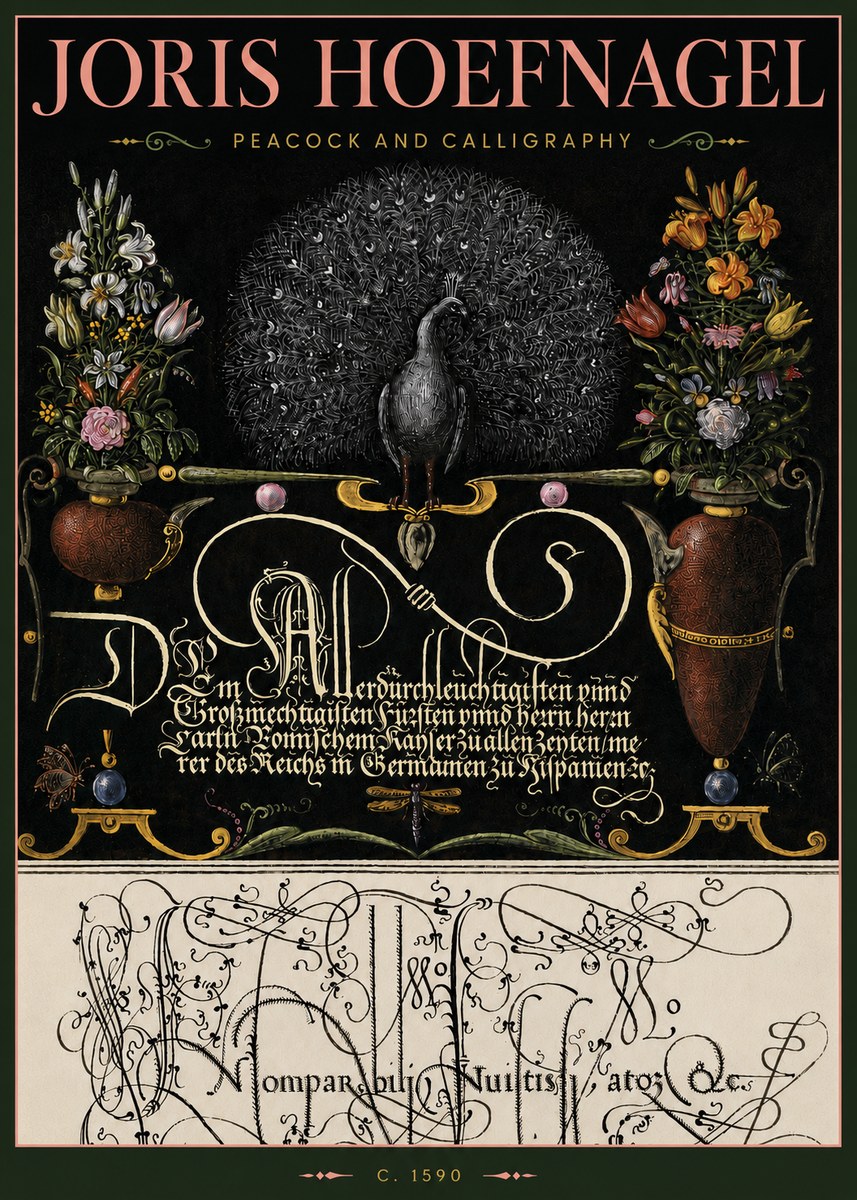 Joris Hoefnagel Peacock and Calligraphy No4 - Juliste