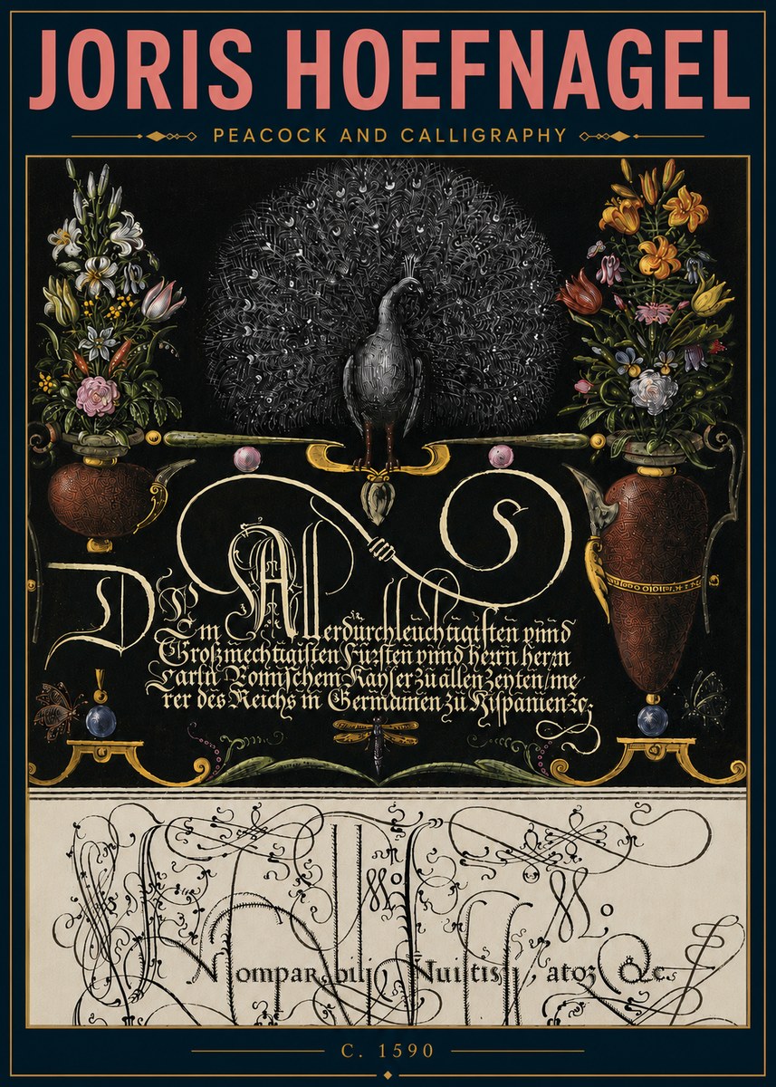 Joris Hoefnagel Peacock and Calligraphy No5 - Juliste