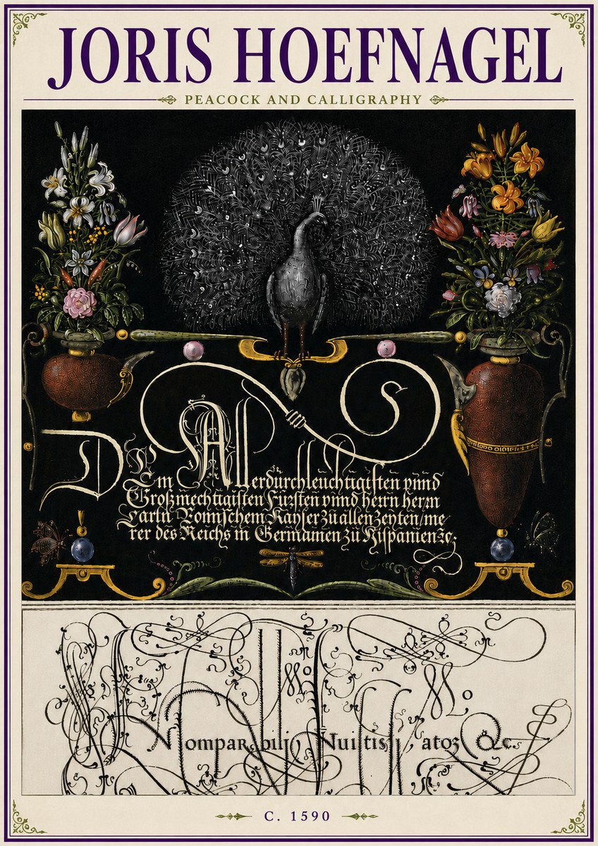 Joris Hoefnagel Peacock and Calligraphy No6 - Juliste