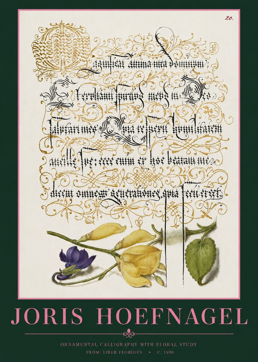Joris Hoefnagel Ornamental Calligraphy with Floral Study No2 - Juliste