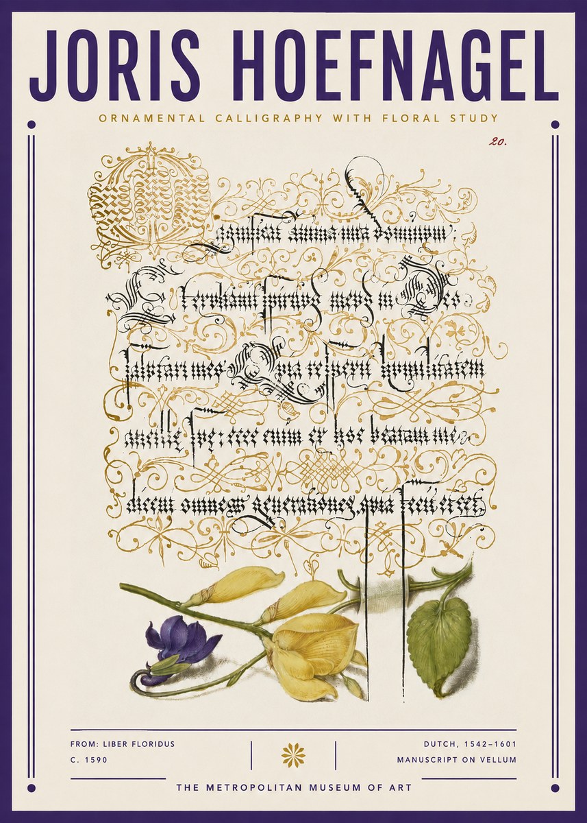 Joris Hoefnagel Ornamental Calligraphy with Floral Study No3 - Juliste