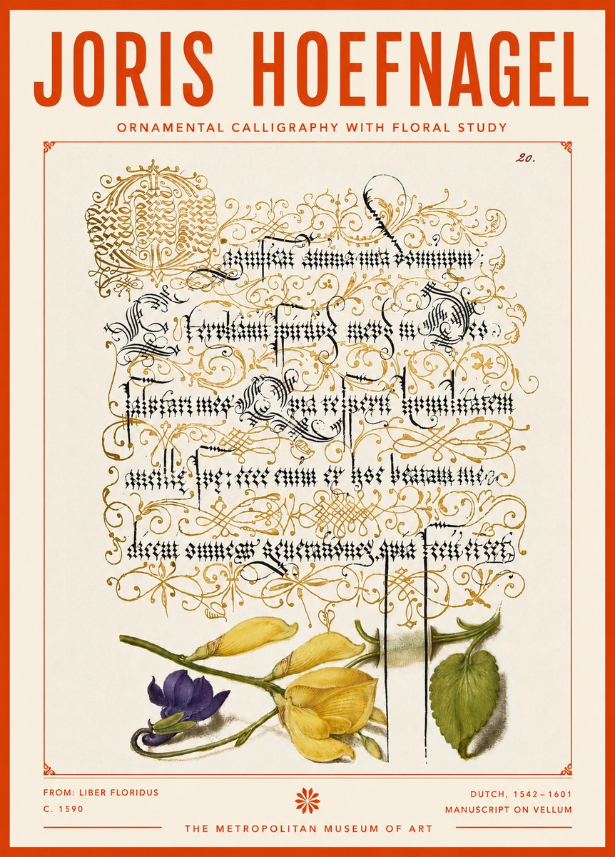 Joris Hoefnagel Ornamental Calligraphy with Floral Study No4 - Juliste