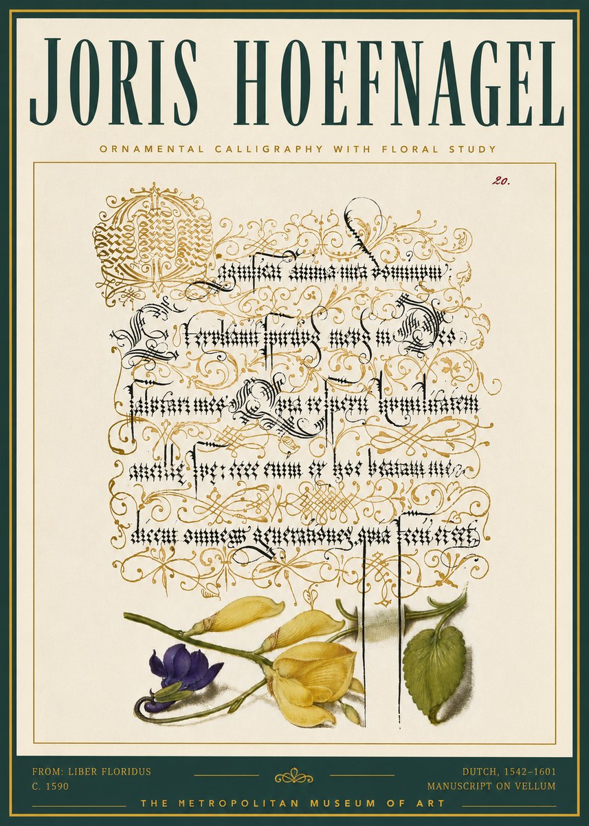 Joris Hoefnagel Ornamental Calligraphy with Floral Study No5 - Juliste