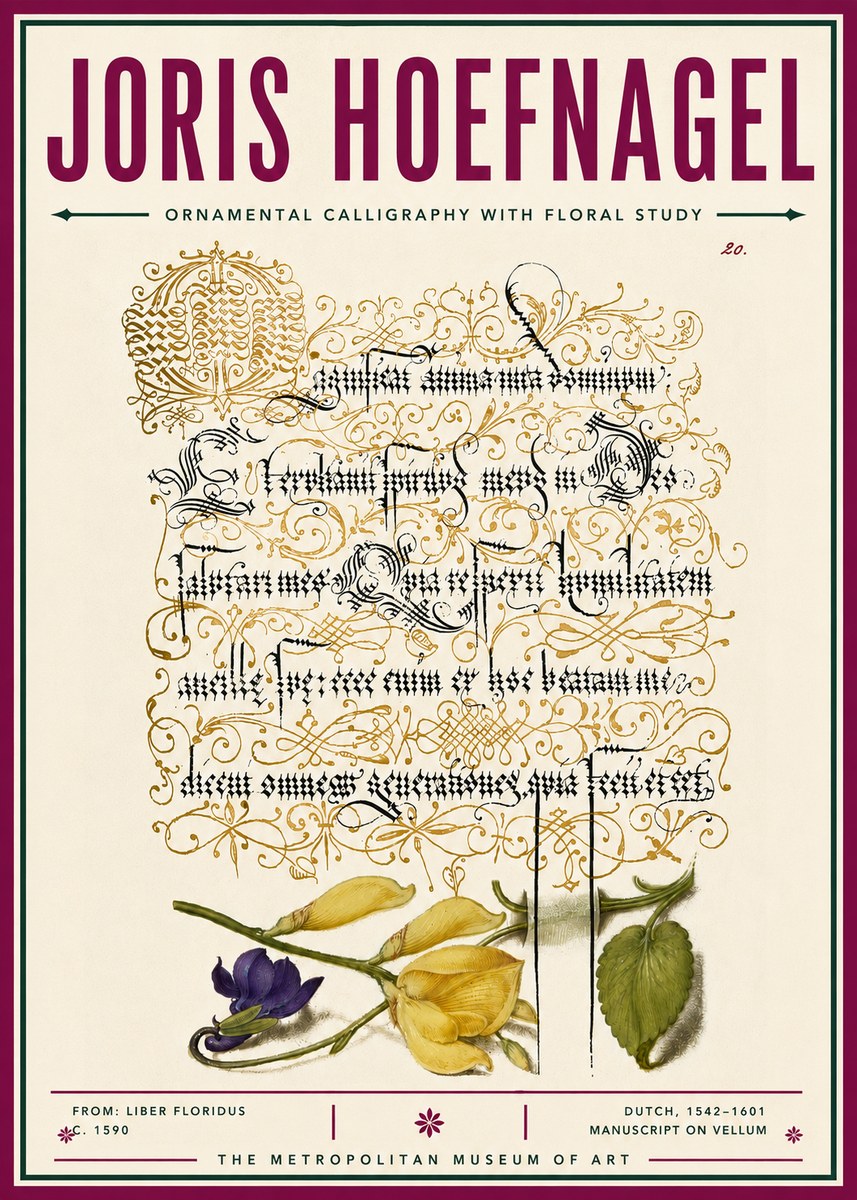 Joris Hoefnagel Ornamental Calligraphy with Floral Study No6 - Juliste