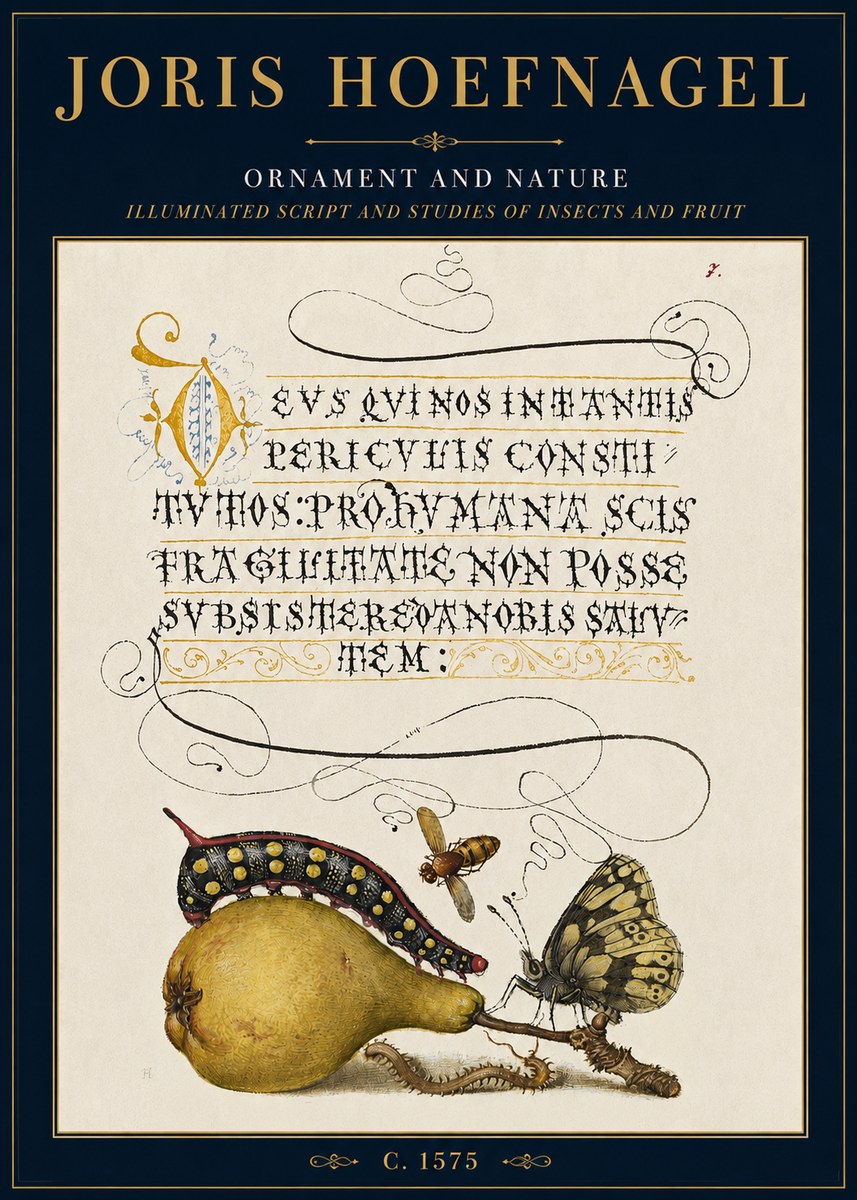 Joris Hoefnagel Ornament and Nature - Illuminated Script and Studies of Insects and Fruit No3 - Juliste