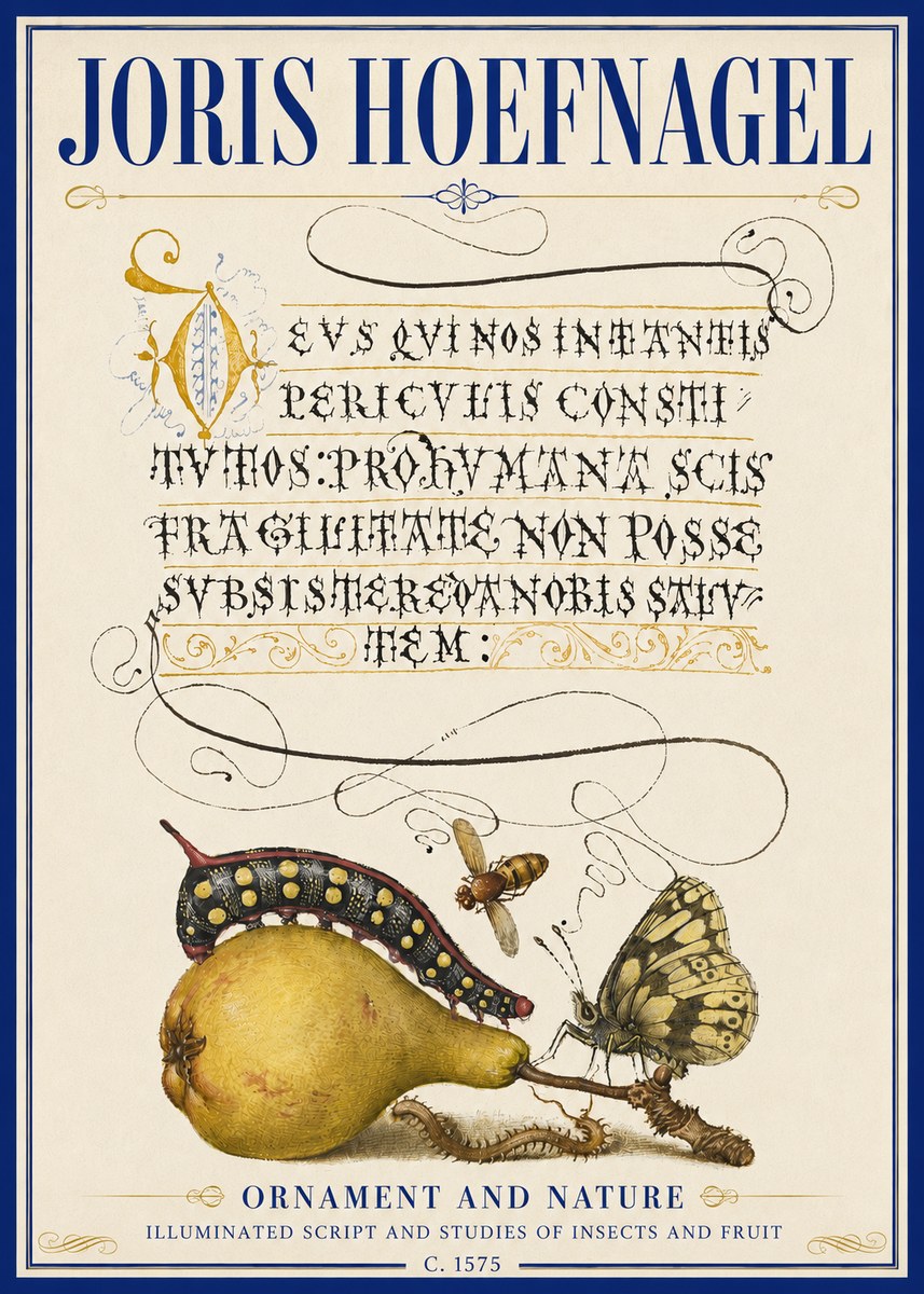Joris Hoefnagel Ornament and Nature - Illuminated Script and Studies of Insects and Fruit No5 - Juliste