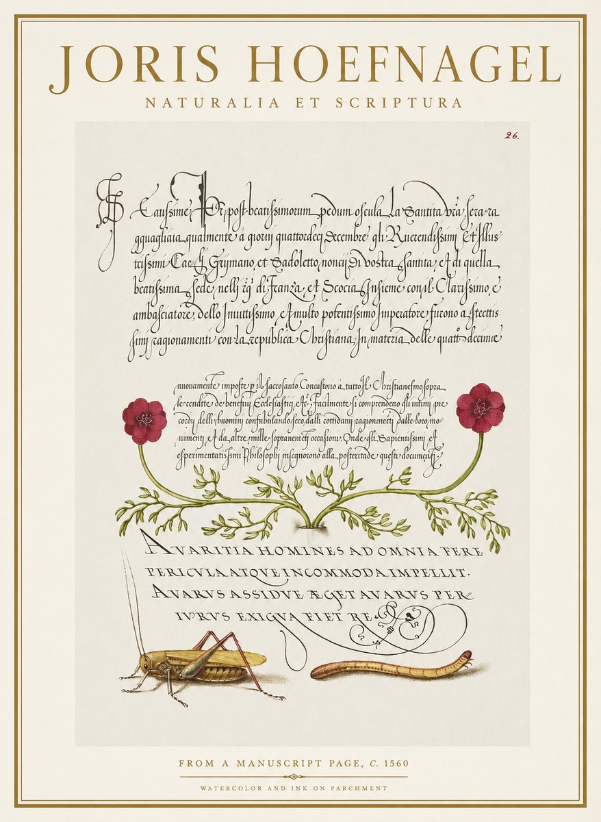 Joris Hoefnagel Illuminated Page with Flowers, Insects & Latin Script No2 - Juliste