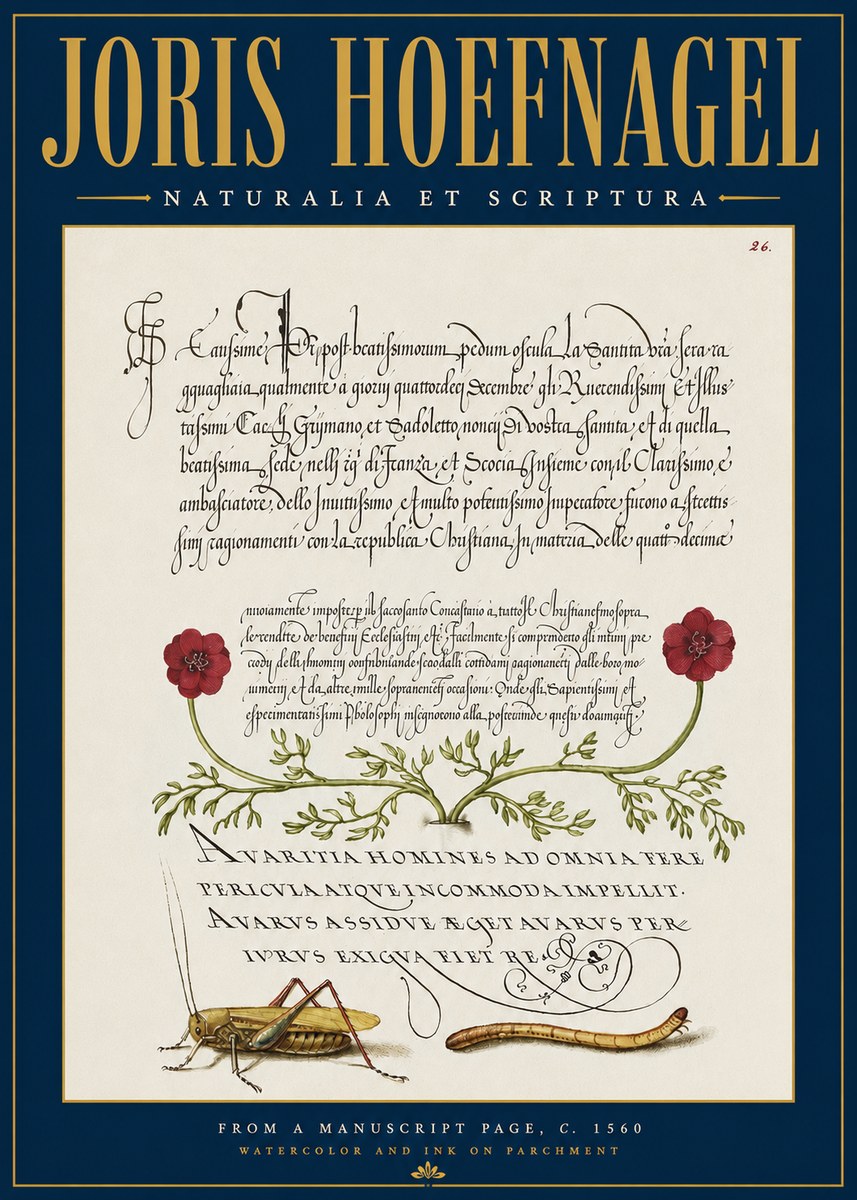 Joris Hoefnagel Illuminated Page with Flowers, Insects & Latin Script No4 - Juliste