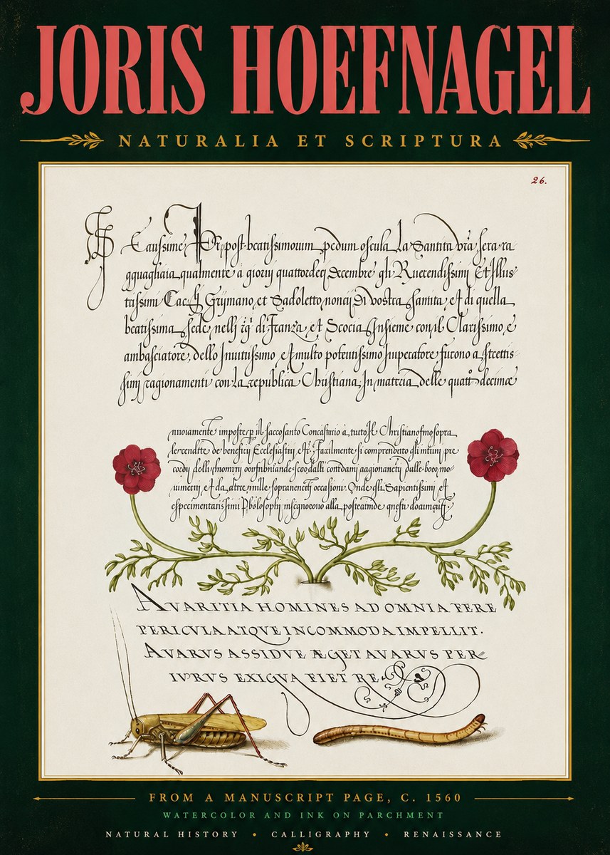Joris Hoefnagel Illuminated Page with Flowers, Insects & Latin Script No5 - Juliste