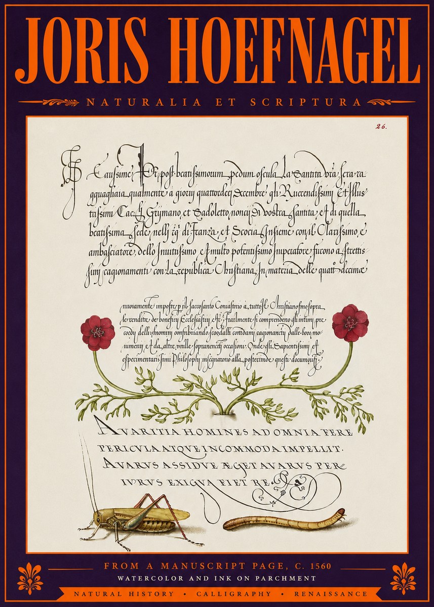 Joris Hoefnagel Illuminated Page with Flowers, Insects & Latin Script No6 - Juliste