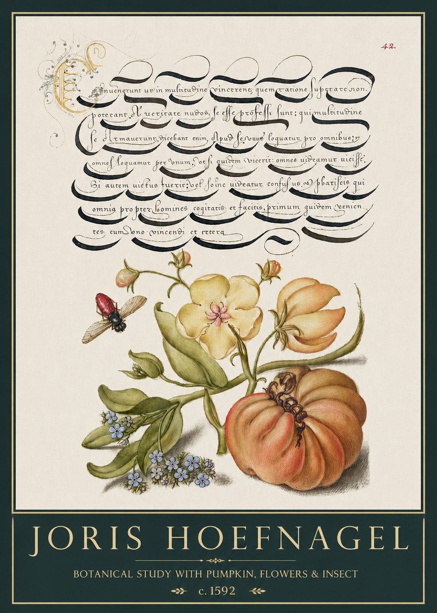 Joris Hoefnagel Botanical Study with Pumpkin, Flowers & Insect No3 - Juliste