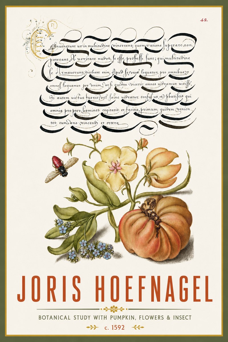 Joris Hoefnagel Botanical Study with Pumpkin, Flowers & Insect No4 - Juliste