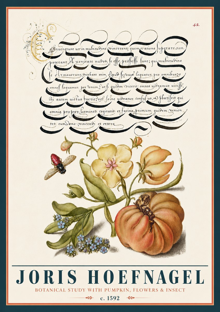 Joris Hoefnagel Botanical Study with Pumpkin, Flowers & Insect No5 - Juliste