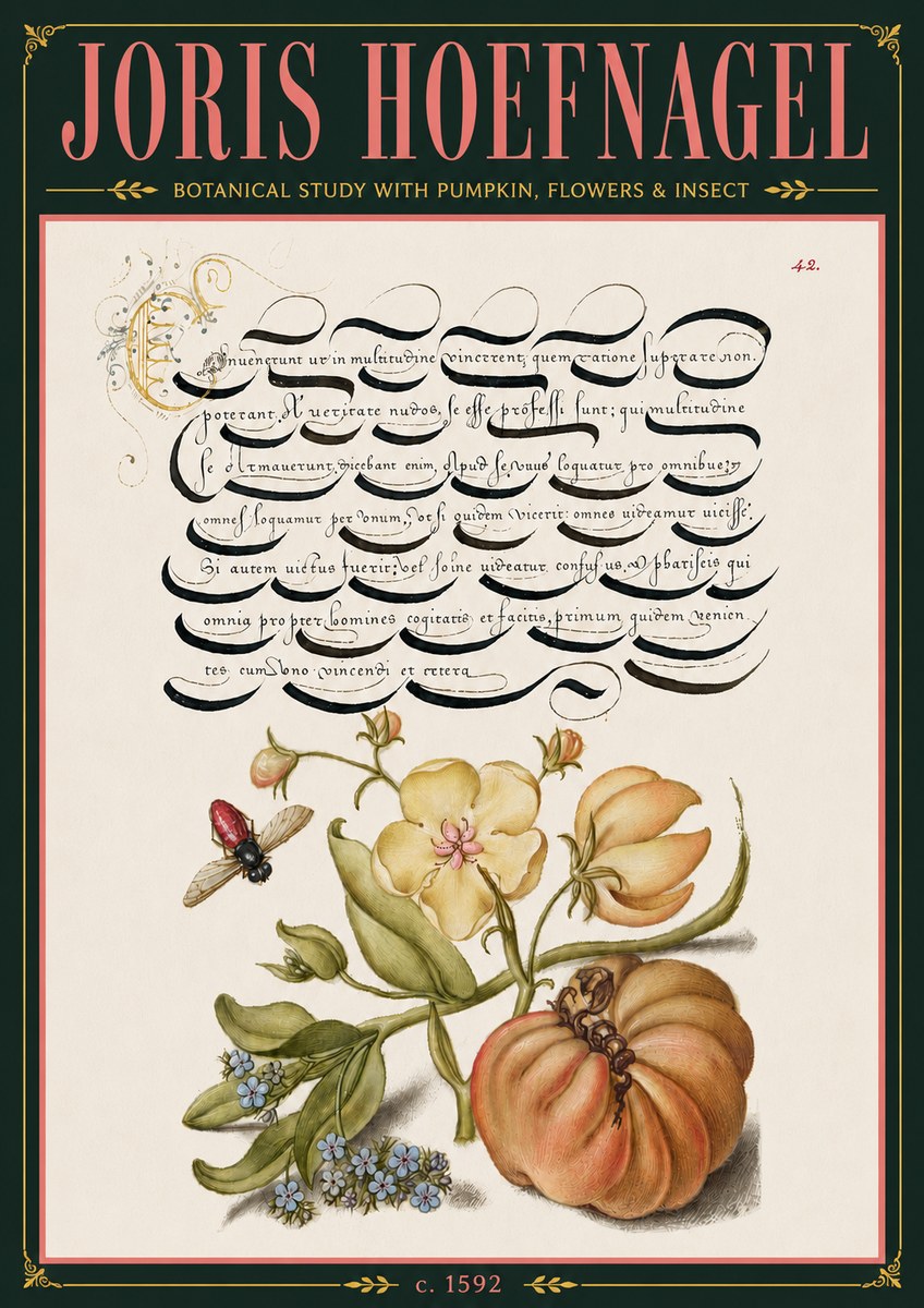Joris Hoefnagel Botanical Study with Pumpkin, Flowers & Insect No6 - Juliste
