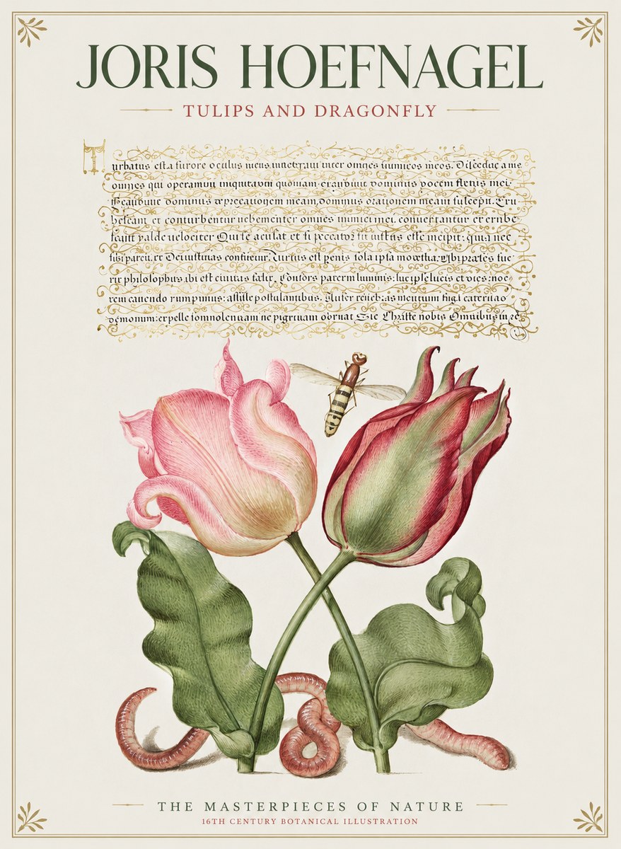 Joris Hoefnagel Two Tulips with Caterpillars and Dragonfly No2 - Juliste