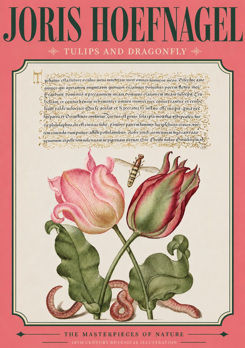 Joris Hoefnagel Two Tulips with Caterpillars and Dragonfly No4 - Juliste