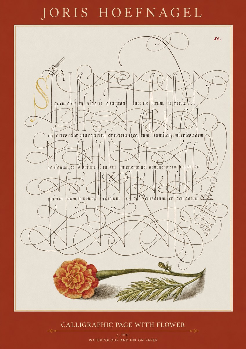 Joris Hoefnagel Calligraphic Study with Marigold No2 - Juliste