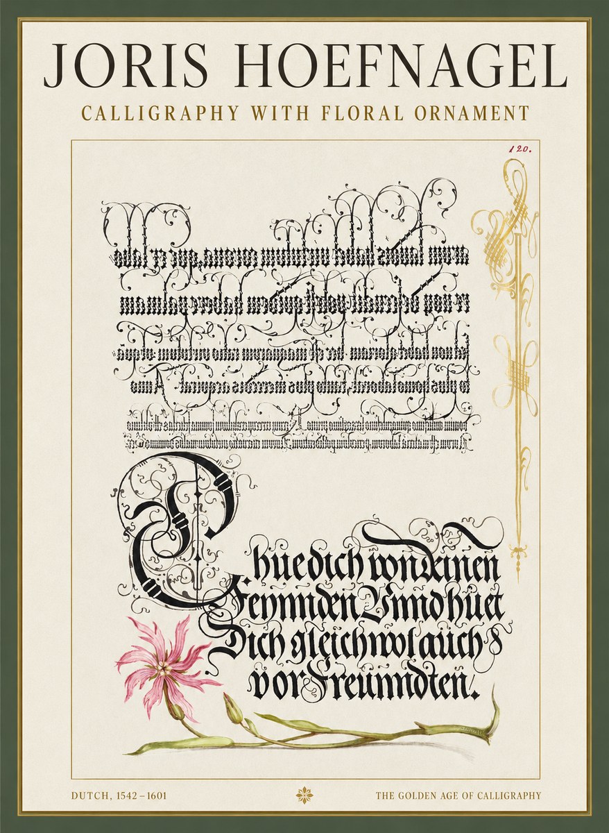 Joris Hoefnagel Calligraphy with Floral Ornament No1 - Juliste