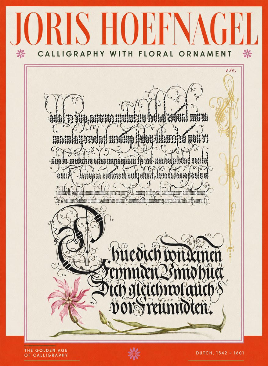 Joris Hoefnagel Calligraphy with Floral Ornament No2 - Juliste