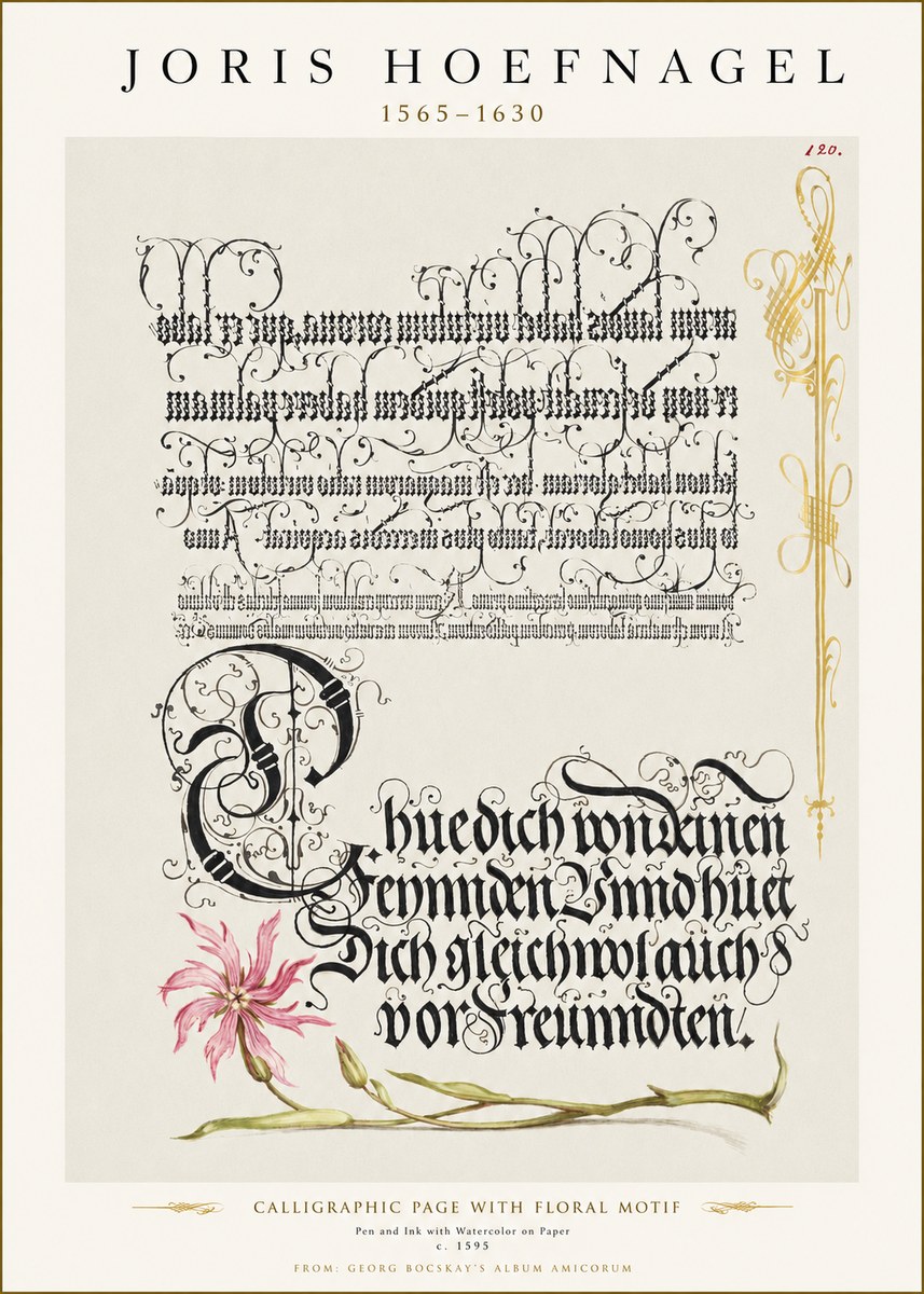 Joris Hoefnagel Calligraphy with Floral Ornament No3 - Juliste