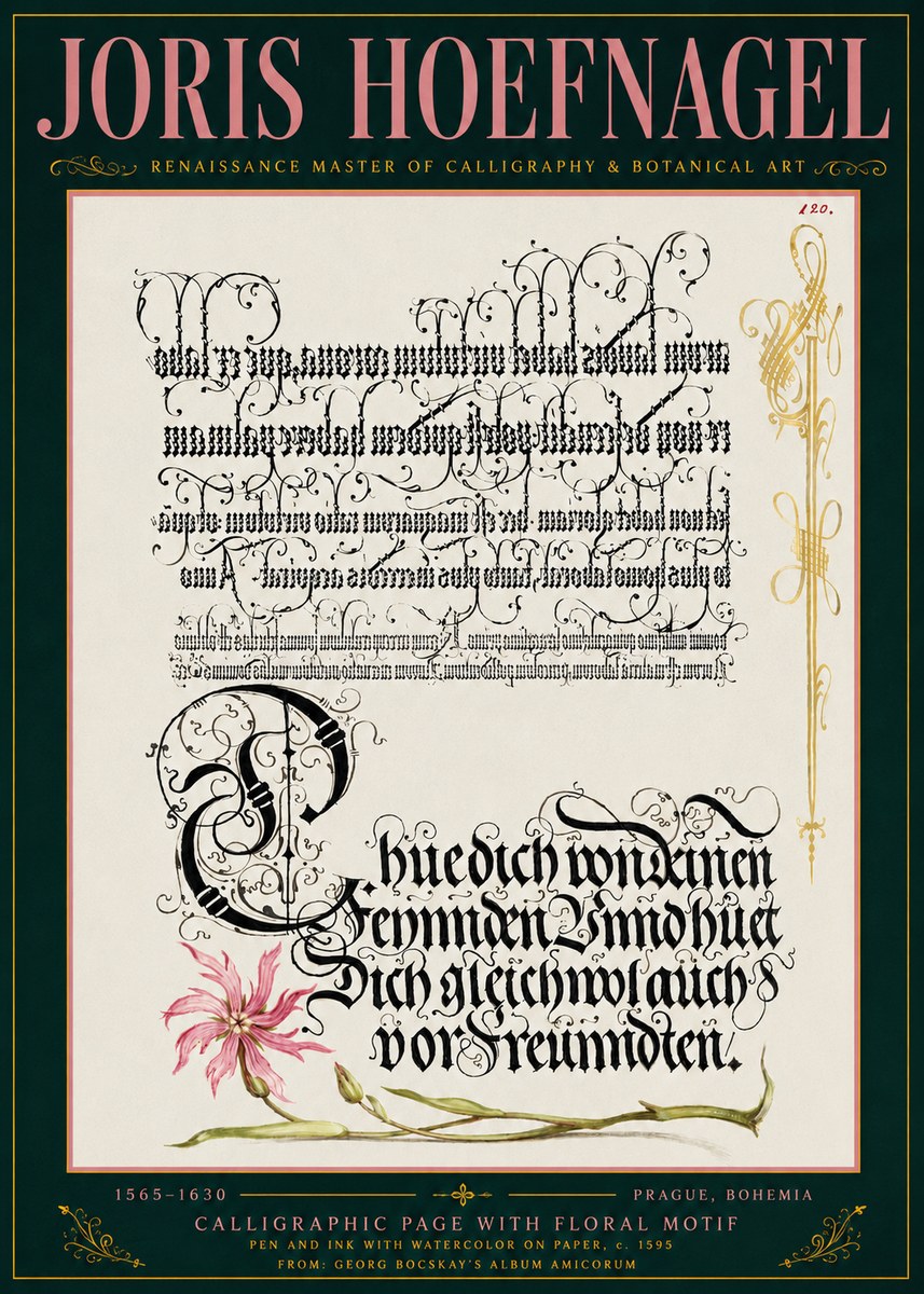Joris Hoefnagel Calligraphy with Floral Ornament No6 - Juliste