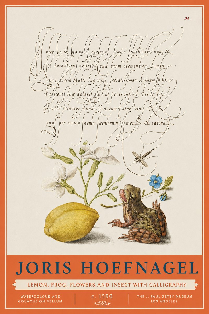 Joris Hoefnagel Nature Study with Lemon, Flowers, Frog & Insect No5 - Juliste