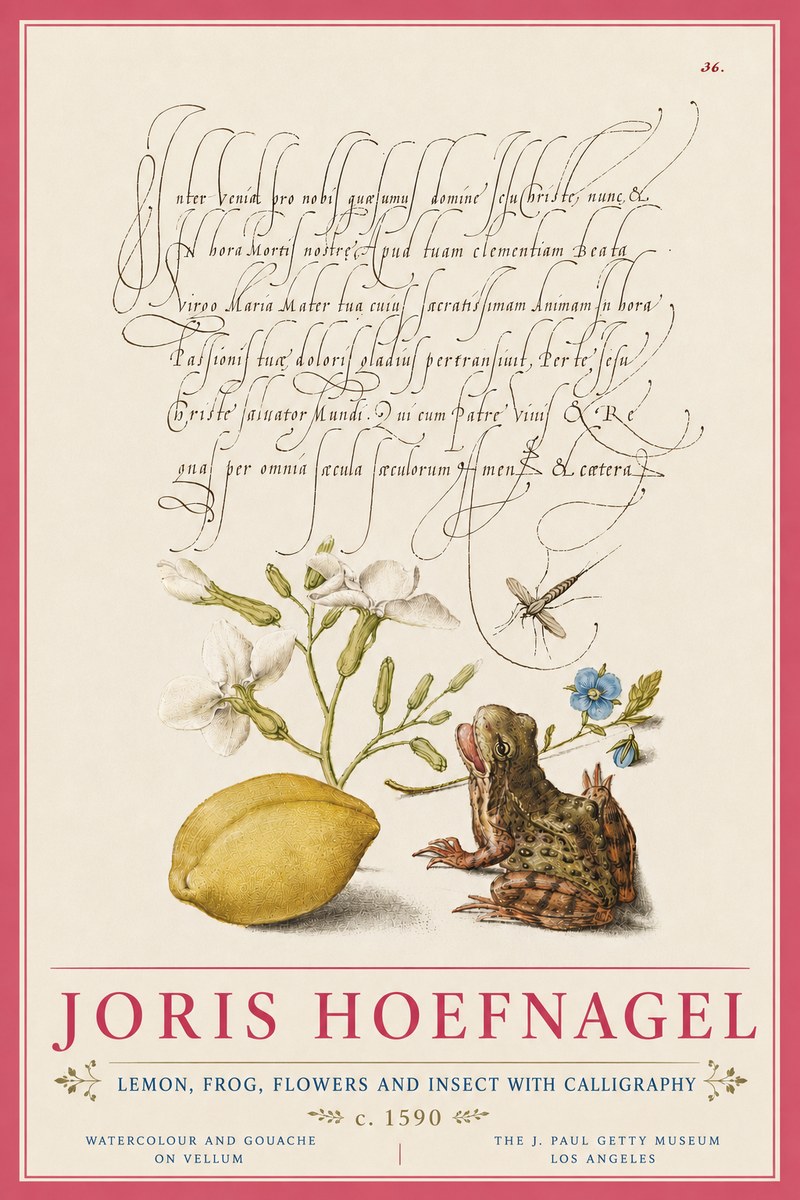Joris Hoefnagel Nature Study with Lemon, Flowers, Frog & Insect No6 - Juliste