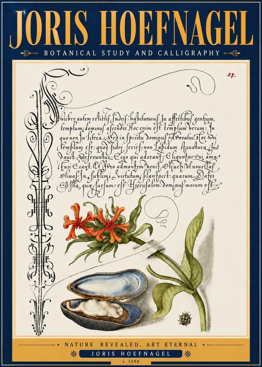 Joris Hoefnagel Botanical Study and Calligraphic Page No6 - Juliste