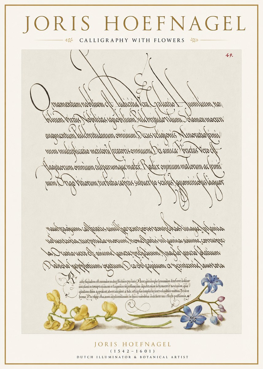 Joris Hoefnagel Calligraphy with Flowers No1 - Juliste