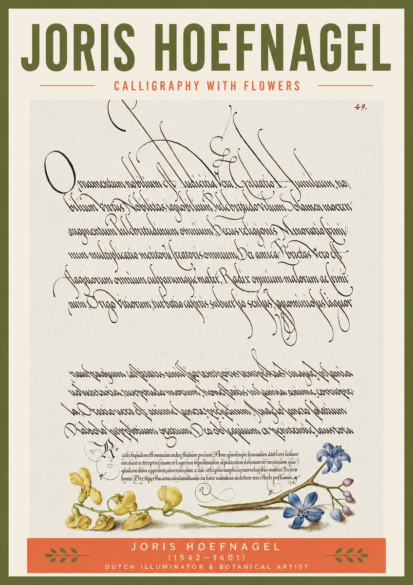 Joris Hoefnagel Calligraphy with Flowers No3 - Juliste