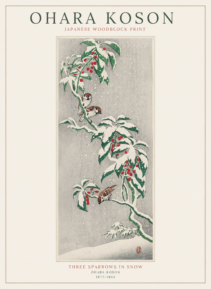 Ohara Koson Three Sparrows in Snow No1 - Juliste