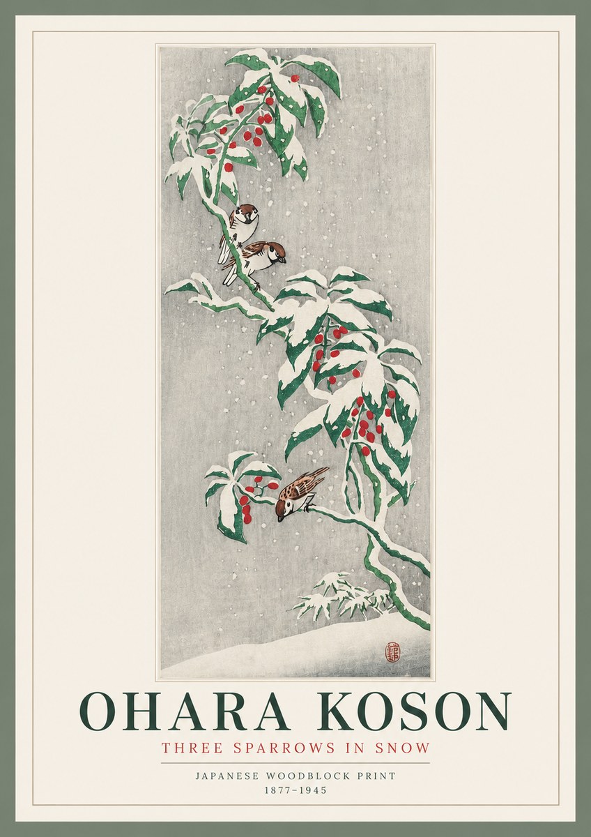 Ohara Koson Three Sparrows in Snow No2 - Juliste