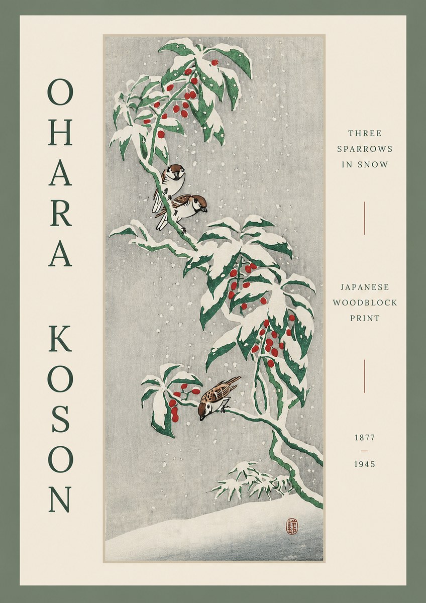Ohara Koson Three Sparrows in Snow No3 - Juliste