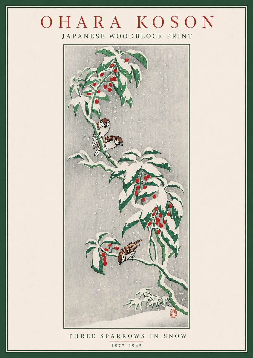 Ohara Koson Three Sparrows in Snow No5 - Juliste