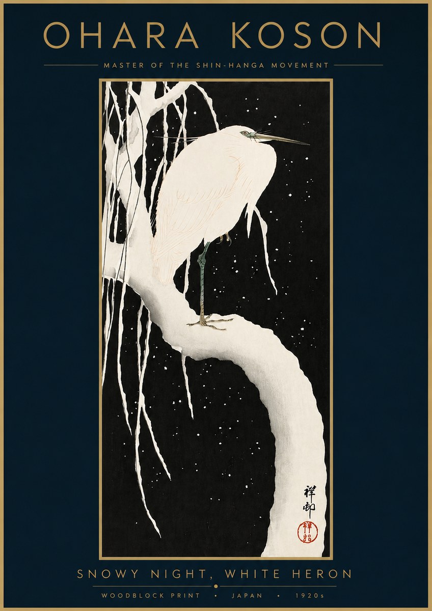Ohara Koson Snowy Night, White Heron No3 - Juliste