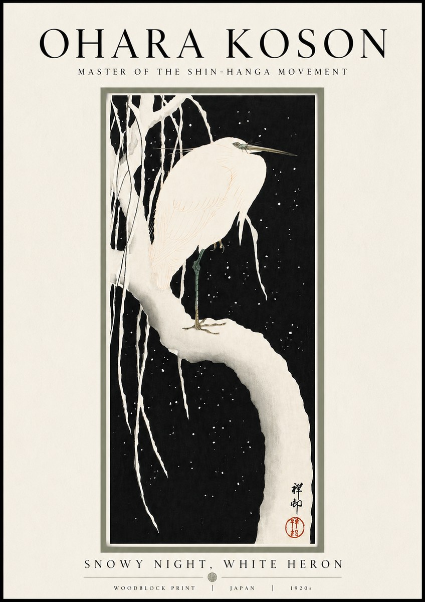 Ohara Koson Snowy Night, White Heron No4 - Juliste