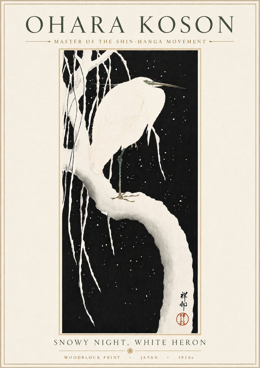 Ohara Koson Snowy Night, White Heron No6 - Juliste