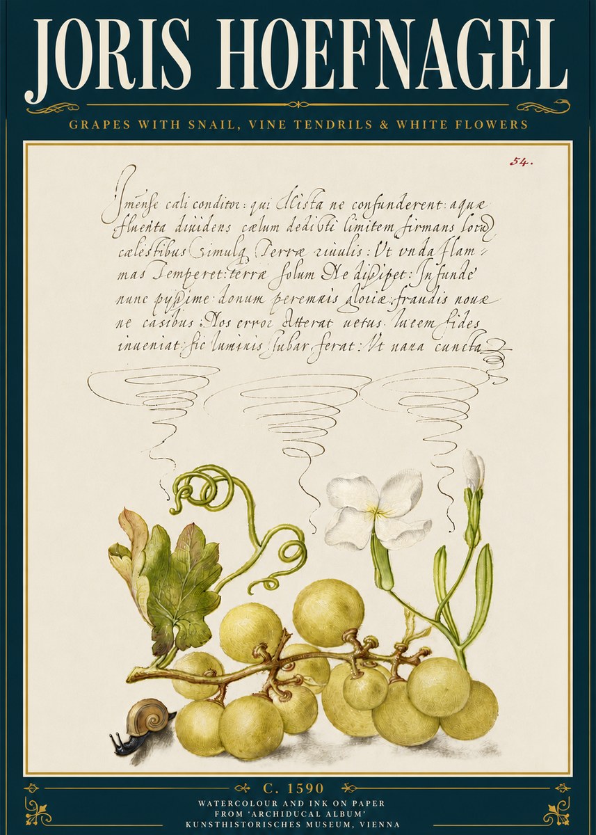 Joris Hoefnagel Grapes with Snail, Vine Tendrils & White Flowers No5 - Juliste