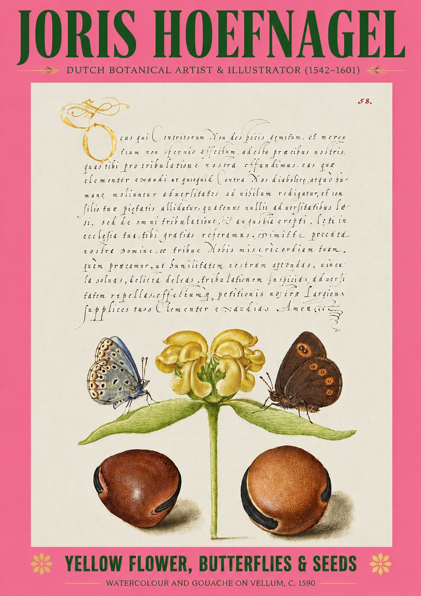 Joris Hoefnagel Yellow Flower, Butterflies & Seeds No2 - Juliste