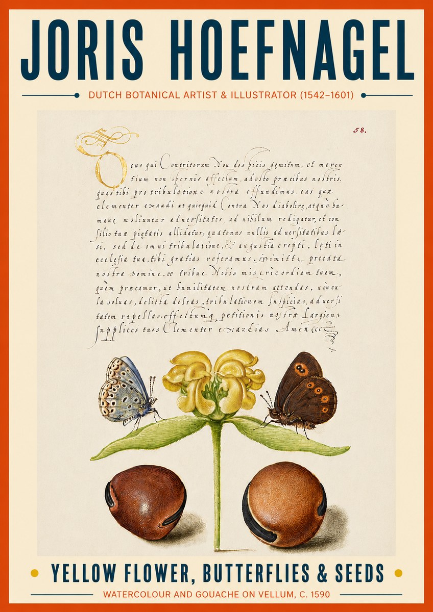 Joris Hoefnagel Yellow Flower, Butterflies & Seeds No6 - Juliste